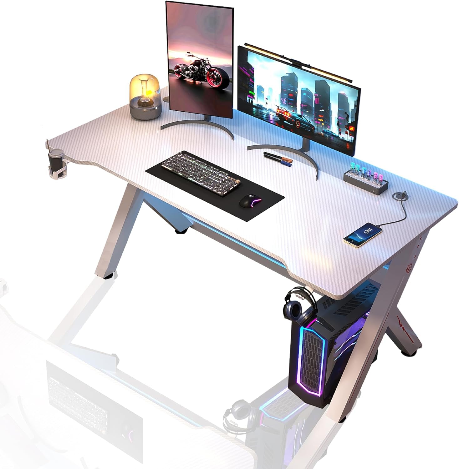 Gaming Desk, 47'' Computer Desk, Gaming Desk W/Carbon Fiber Desktop & 3D-Printed Relief Patterns, Home Office Desks W/Ergonomic Design, Computer Desks W/Cup & Headphone Holder, Cable Organizer