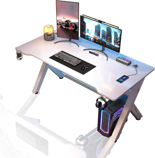 Gaming Desk, 47'' Computer Desk, Gaming Desk W/Carbon Fiber Desktop & 3D-Printed Relief Patterns, Home Office Desks W/Ergonomic Design, Computer Desks W/Cup & Headphone Holder, Cable Organizer