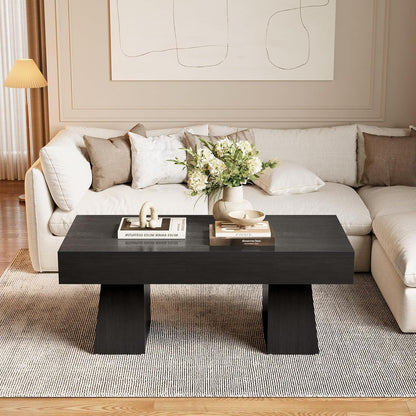 Farmhouse Coffee Table, 47 Inches Wooden Rectangular Accent Center Tables with Thick Base, Modern Low Cocktail Tea Furniture for Living Room (Black)
