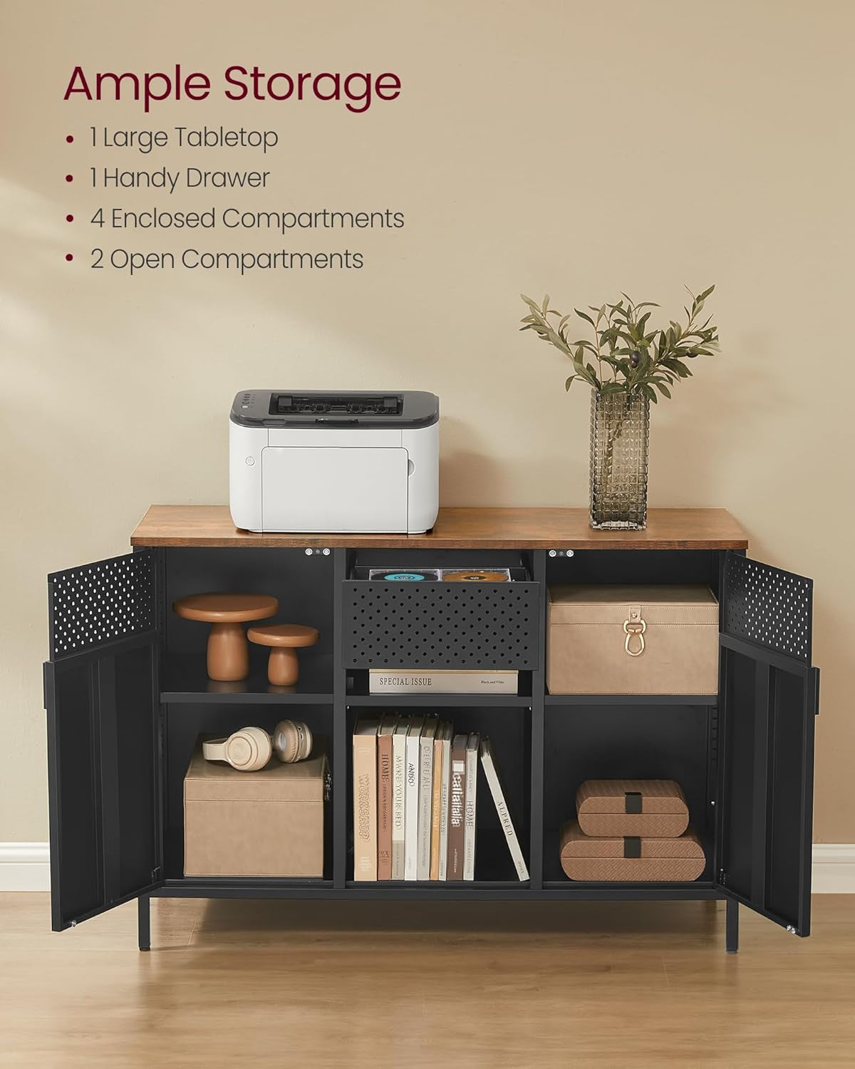 Storage Cabinet, Metal Cabinet, Sideboard with 2 Doors, 15.7 X 43.3 X 29.9 Inches, Magnetic Closure, Adjustable Shelves, Steel Frame, Rustic Brown and Matte Black ULSC204B01