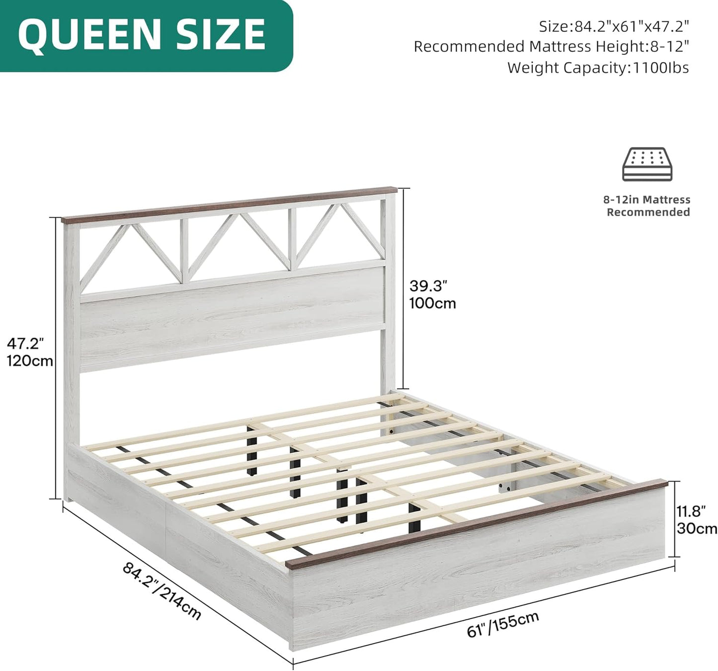 Farmhouse Queen Size Bed Frame with 47.2'' Headboard, Platform Rustic Wood Bed Frame with Slats, Sturdy and Noiseless, No Spring Needed, White