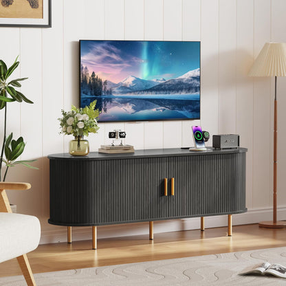 55 Inch Mid Century Modern TV Stand with Power Outlet for Tvs up to 60 Inch, Entertainment Center with Storage and Adjustable Shelves, Media Console with Sliding Doors for Living Room(Black)