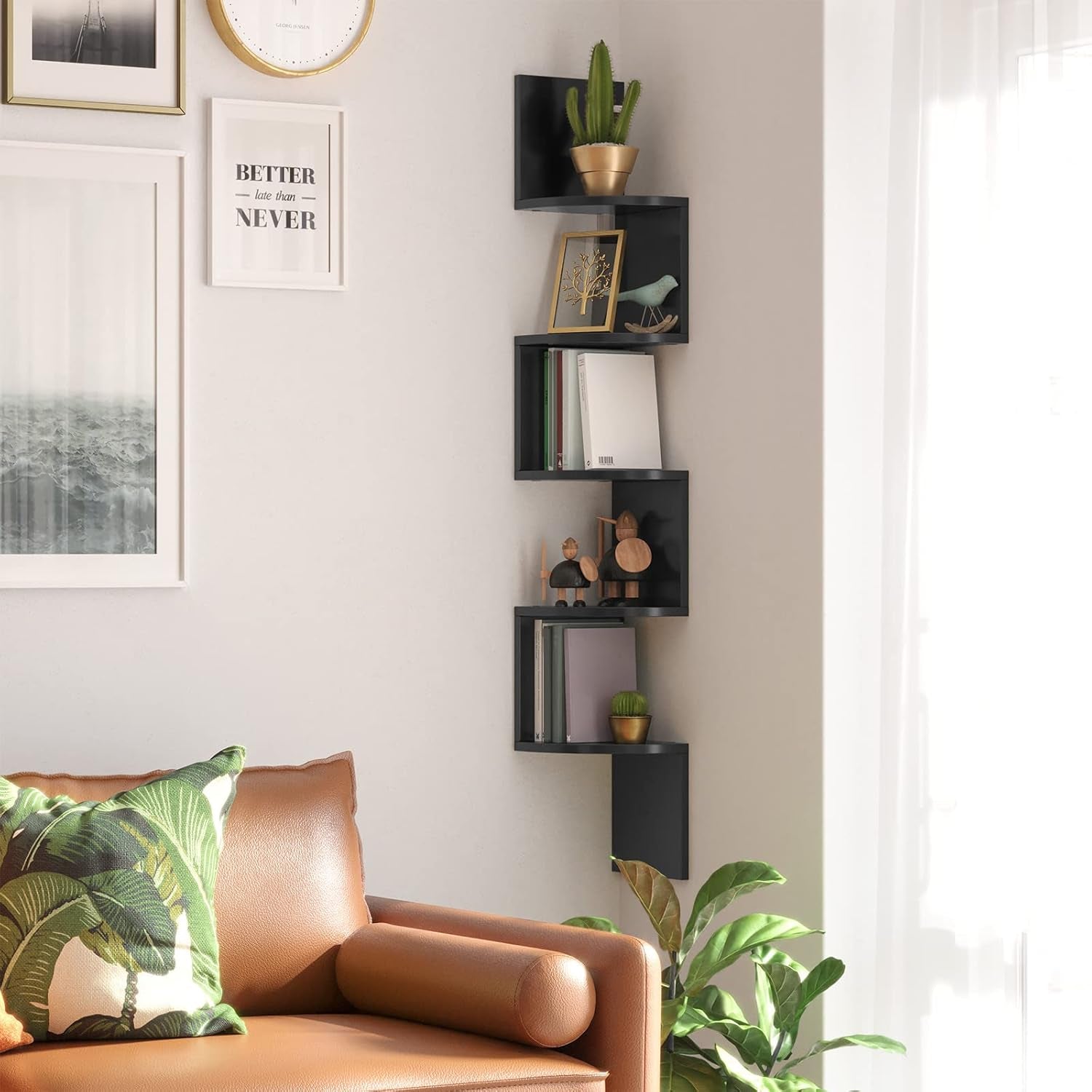 Corner Shelf Wall Mount, 5-Tier Floating Corner Bookshelf, Plant Shelf for Bedroom, Living Room, Bathroom, Home Office, Cloud White