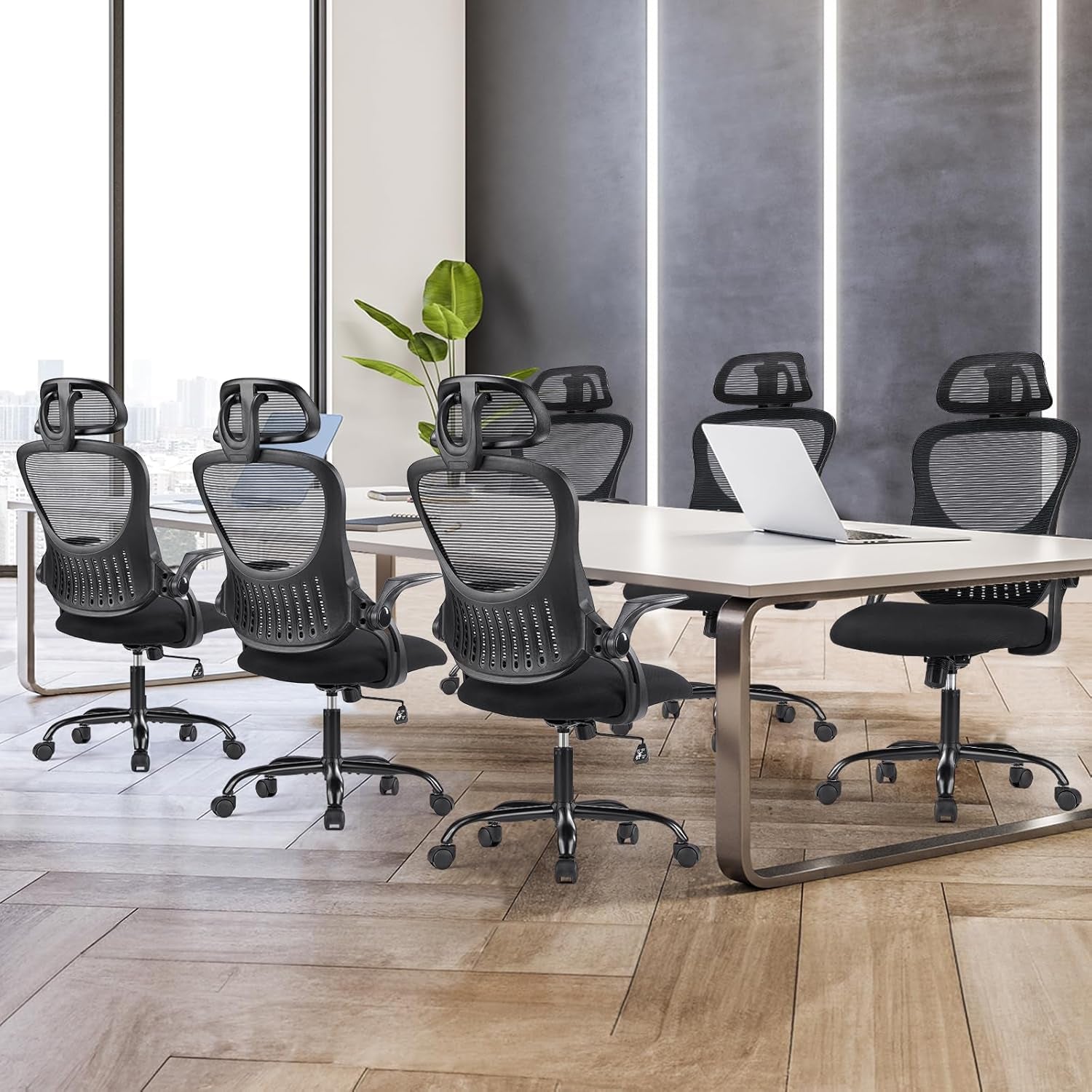 Office Computer Desk Chair, Ergonomic High-Back Mesh Rolling Work Chairs with Wheels and Adjustable Headrests, Comfortable Lumbar Support, Comfy Flip-Up Arms for Home, Bedroom, Study,Black