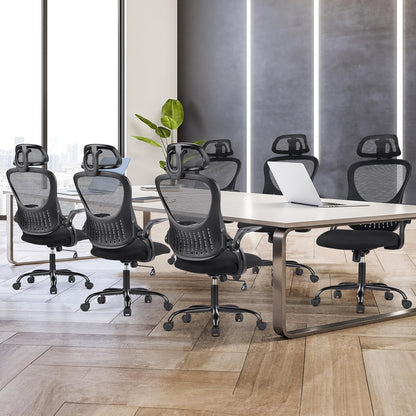 Office Computer Desk Chair, Ergonomic High-Back Mesh Rolling Work Chairs with Wheels and Adjustable Headrests, Comfortable Lumbar Support, Comfy Flip-Up Arms for Home, Bedroom, Study,Black
