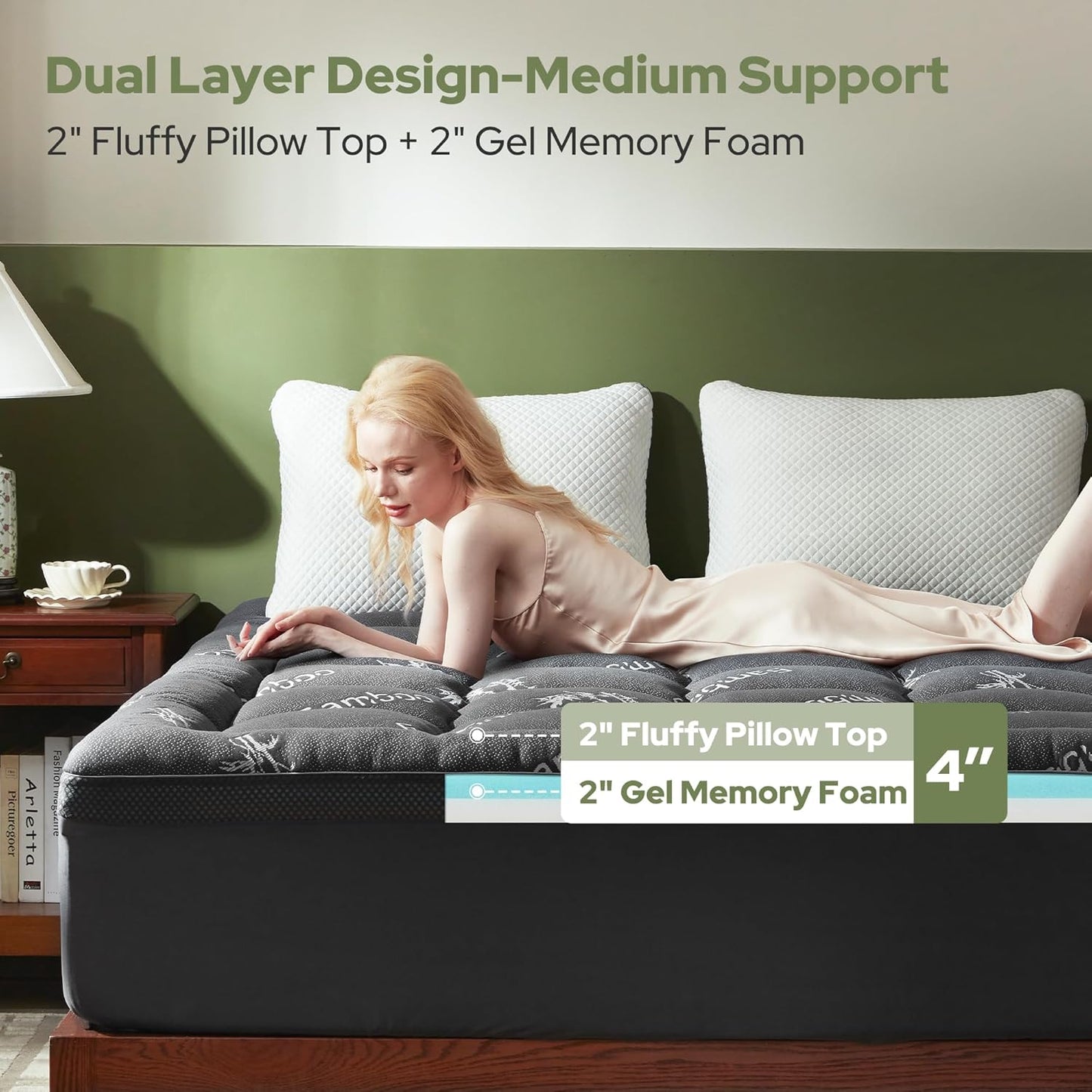 4 Inch Memory Foam Mattress Topper Queen,2-In-1 Dual Layer Design (2" Gel Memory Foam + 2" Plush Pillow Top Cover) Mattress Topper Medium-Firm,Pressure Relief & Back Pain Support(Dark Gray)