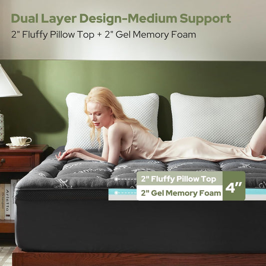4 Inch Memory Foam Mattress Topper Queen,2-In-1 Dual Layer Design (2" Gel Memory Foam + 2" Plush Pillow Top Cover) Mattress Topper Medium-Firm,Pressure Relief & Back Pain Support(Dark Gray)
