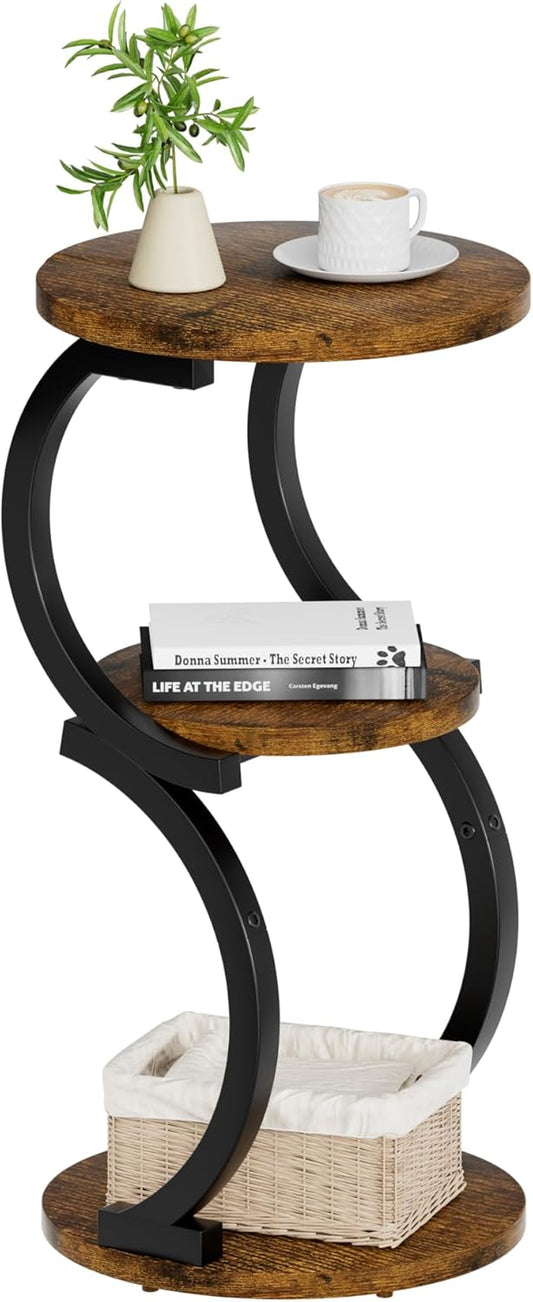 Small Side Table, 3-Tier round End Table for Living Room, S-Shaped Accent Table for Small Spaces Sofa Couch Bedroom, Vintage Nightstand Wood Metal Coffee Table with Storage Shelf, Rustic Brown