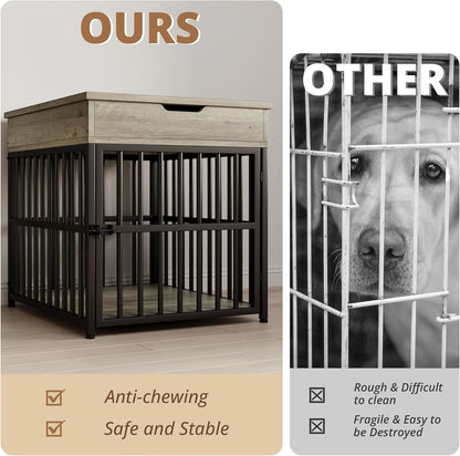 Dog Crate Furniture for Small Dogs, Wooden Dog Kennel with Flip Top Drawer, Indoor Pet Crate End Table with Charging Station, Steel-Tube Dog Cage, Gray