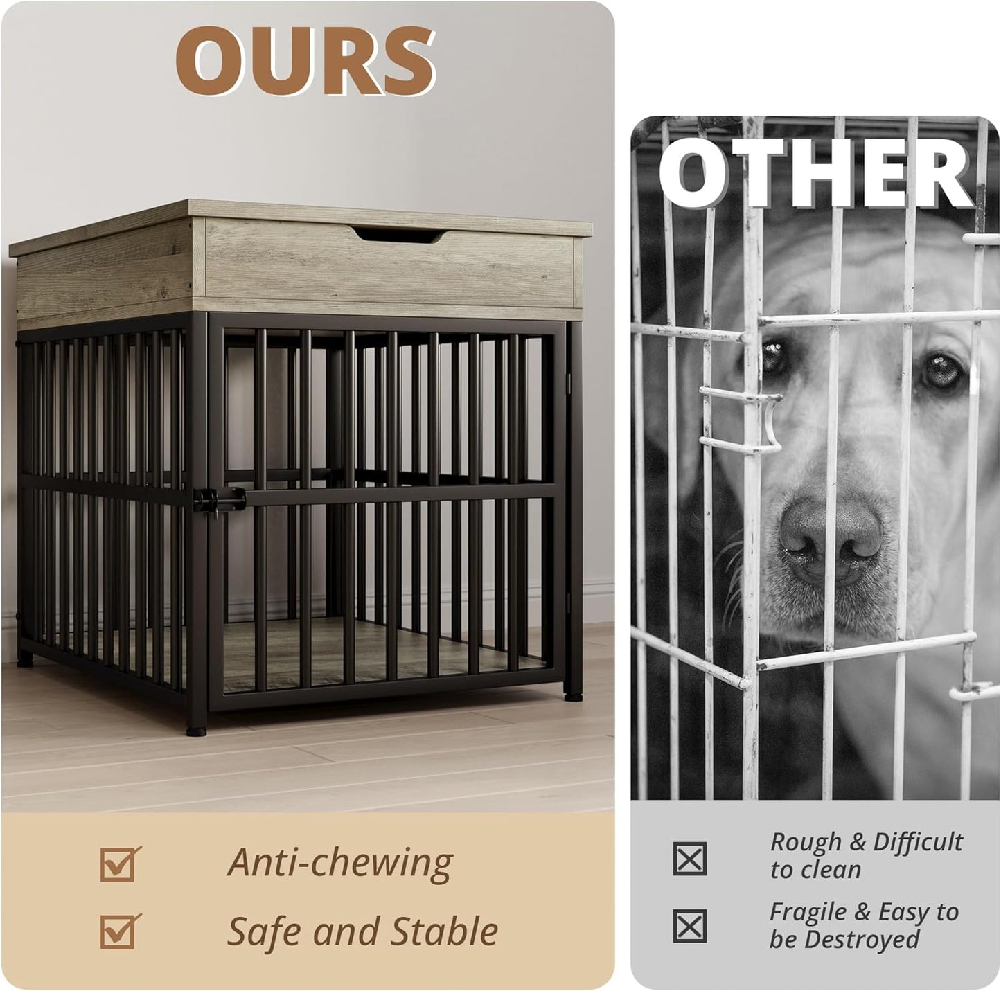Dog Crate Furniture for Small Dogs, Wooden Dog Kennel with Flip Top Drawer, Indoor Pet Crate End Table with Charging Station, Steel-Tube Dog Cage, Rustic Brown
