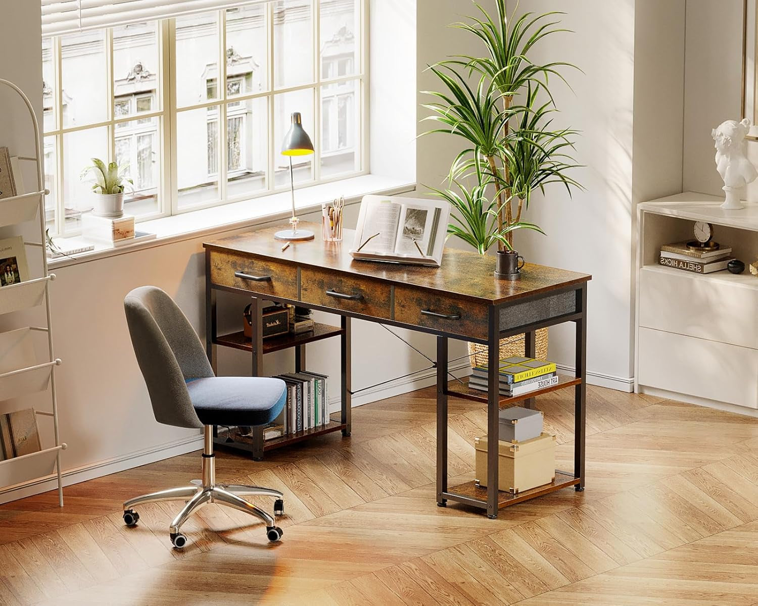 Office Small Computer Desk: Home Table with Fabric Drawers & Storage Shelves, Modern Writing Desk, Grey Oak, 48"X16"