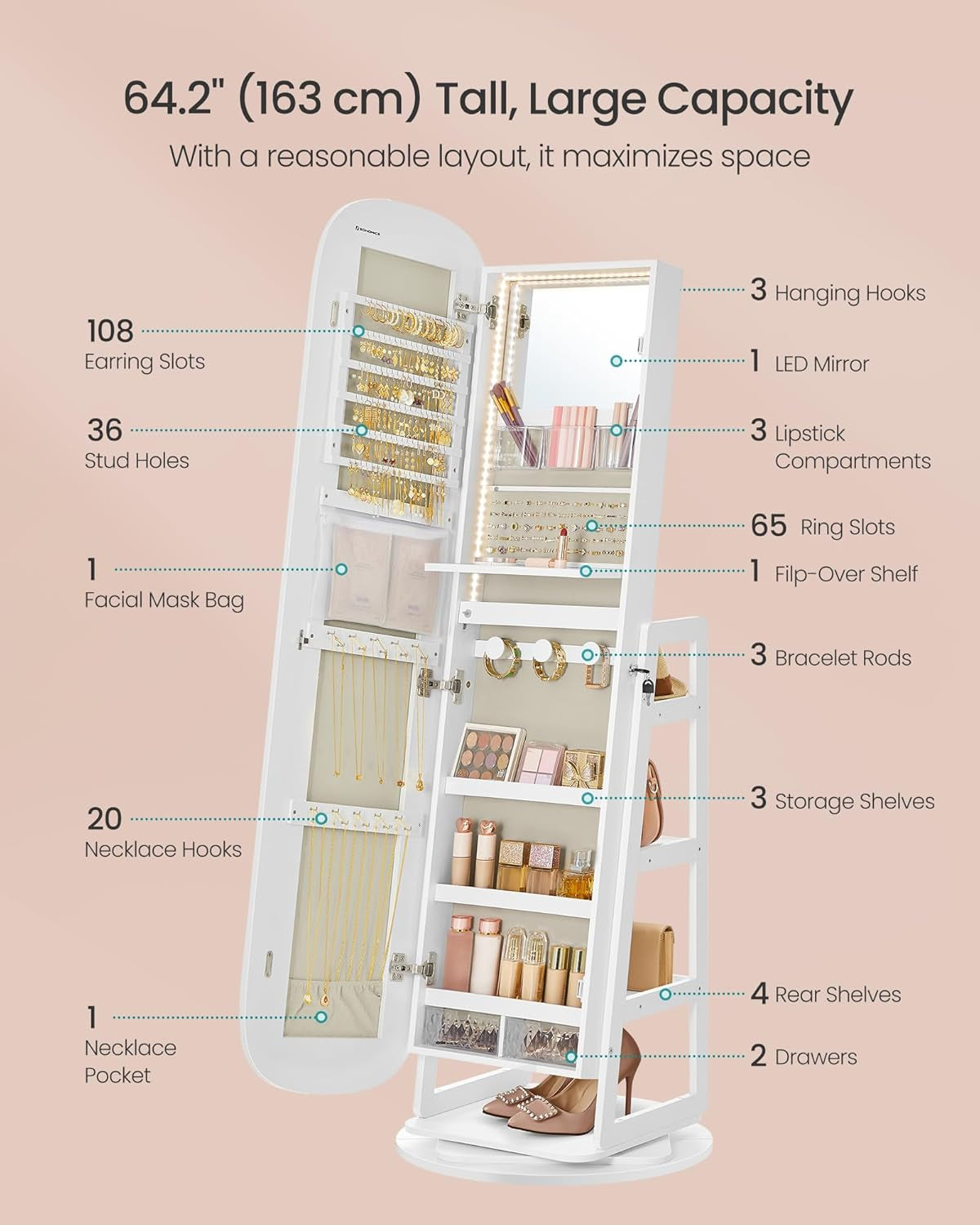 LED Jewelry Cabinet, 360° Swivel Jewelry Organizer, Lockable Mirror Jewelry Cabinet Standing, Rounded Wide Full-Length Mirror with Storage Shelves, Interior Mirror, Cloud White UJJC036W01