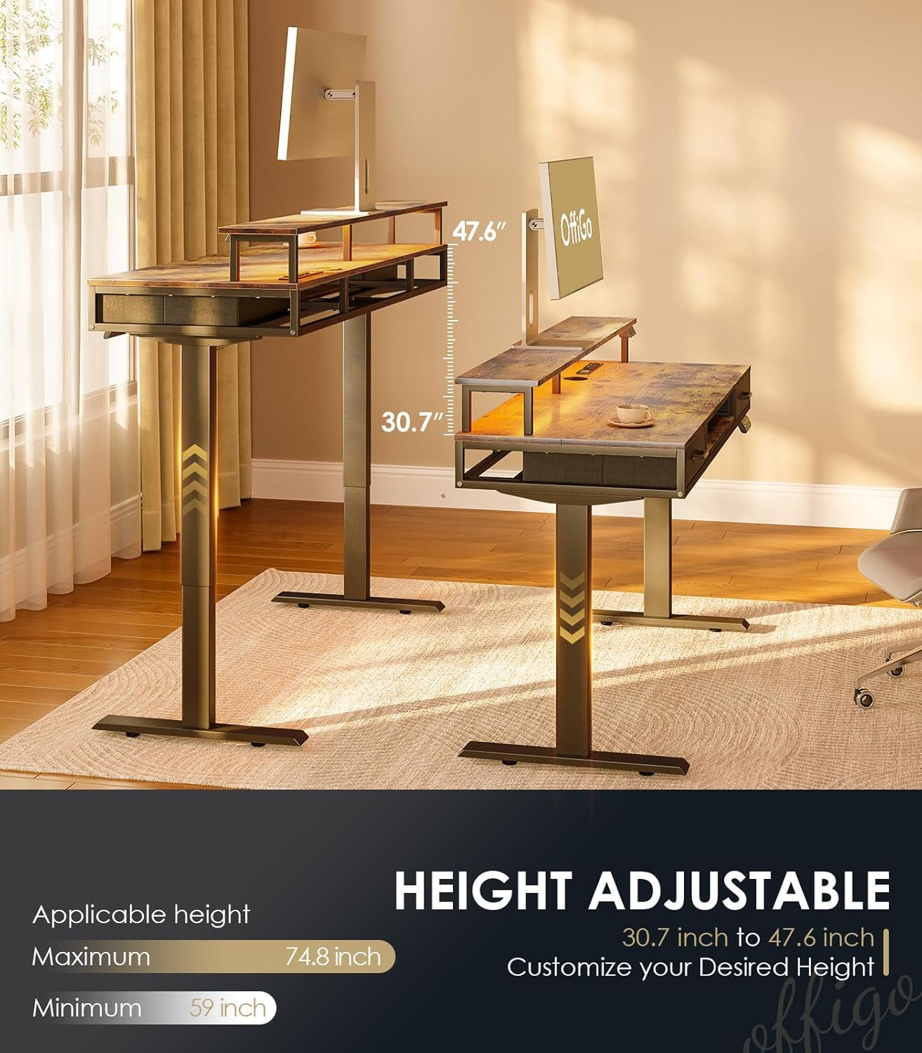 Electric Standing Desk with Drawers & Keyboard Tray, 63 Inch Height Adjustable Desk with Power Outlets & LED Lights, Sit Stand Table with Monitor Stand for Home, Office, Rustic Brown