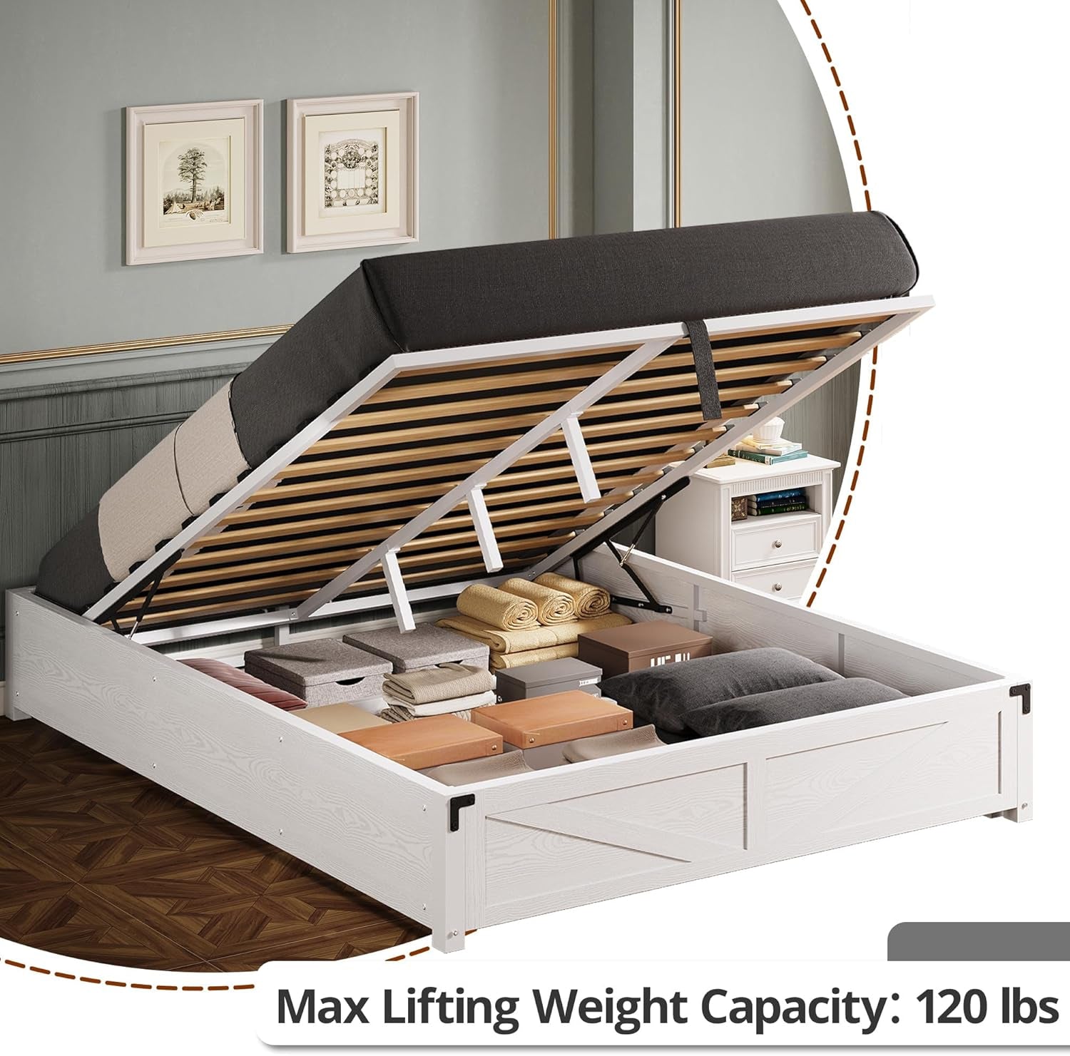 Platform Queen Size Bed Frame, Farmhouse Bed Frames with Lift up Storage, Wooden Slats, Sturdy and No Noise, Easy Assembly, White