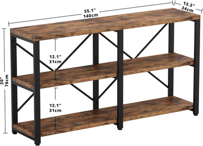 Rustic Entryway Console Table, Long Hallway Table 55 in 3-Tier, TV Stand Entertainment Center Media Stand for Living Room, Industrial Style, Vintage Brown | Rustic, Long, Living Room