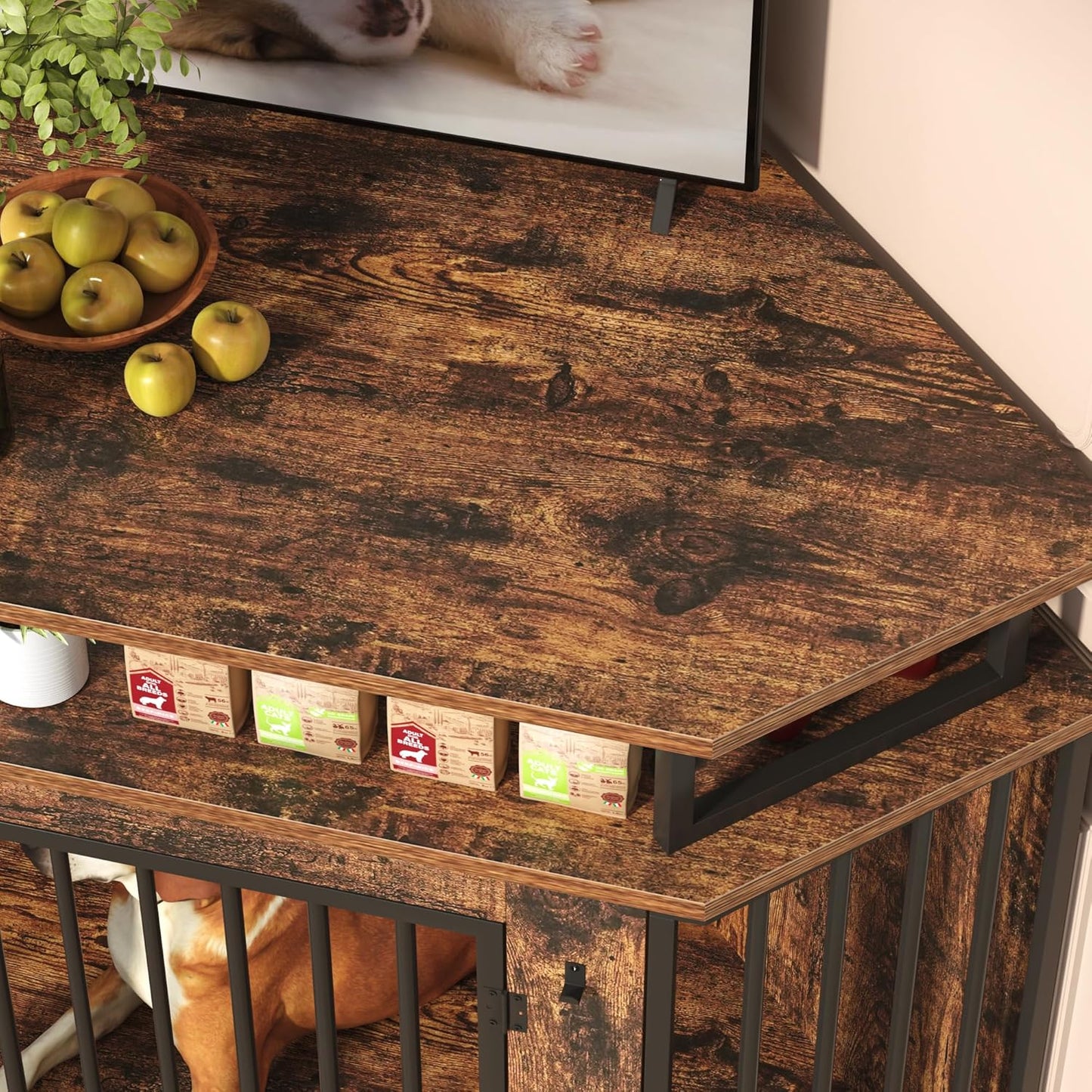 52" Corner Dog Crate Furniture with Storage Shelves, Farmhouse Large Dog Kennel Indoor, Wooden Pet Crate, Heavy Duty, Chew Resistant, 2 Hooks, Rustic Brown