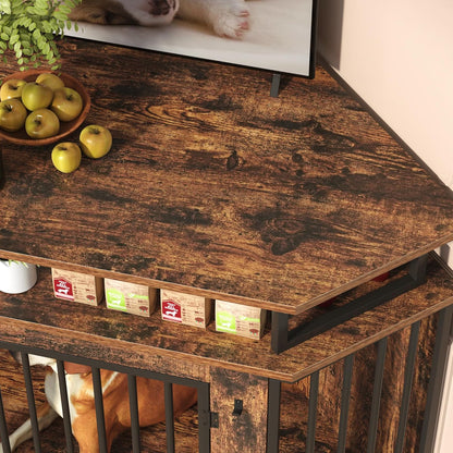 52" Corner Dog Crate Furniture with Storage Shelves, Farmhouse Large Dog Kennel Indoor, Wooden Pet Crate, Heavy Duty, Chew Resistant, 2 Hooks, Rustic Brown