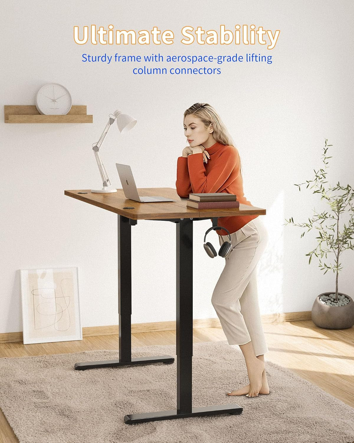 Electric Standing Desk, 48 X 24 Inches Stand up Desk with Splice Board, Adjustable Height Desk, Computer Desk for Home Office, Black Frame/Rustic Brown Top