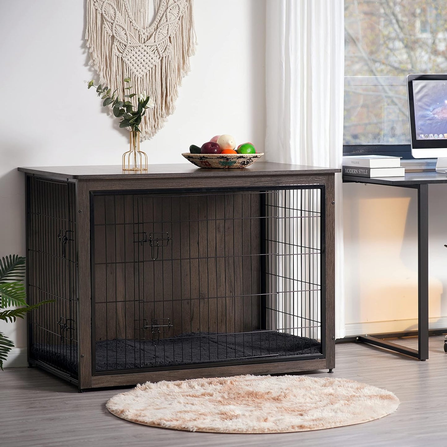 Dog Crate Furniture with Cushion, Wooden Kennel Table with Double Doors, Indoor Dog House, Extra Large Size, 43.3" L, Dark Gray