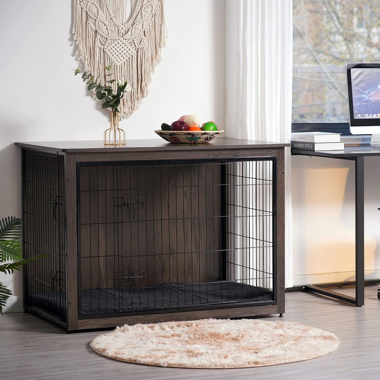 Dog Crate Furniture with Cushion, Wooden Kennel Table with Double Doors, Indoor Dog House, Extra Large Size, 43.3" L, Dark Gray