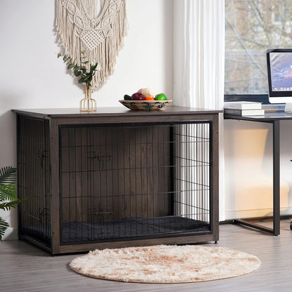 Dog Crate Furniture with Cushion, Wooden Kennel Table with Double Doors, Indoor Dog House, Extra Large Size, 43.3" L, Dark Gray