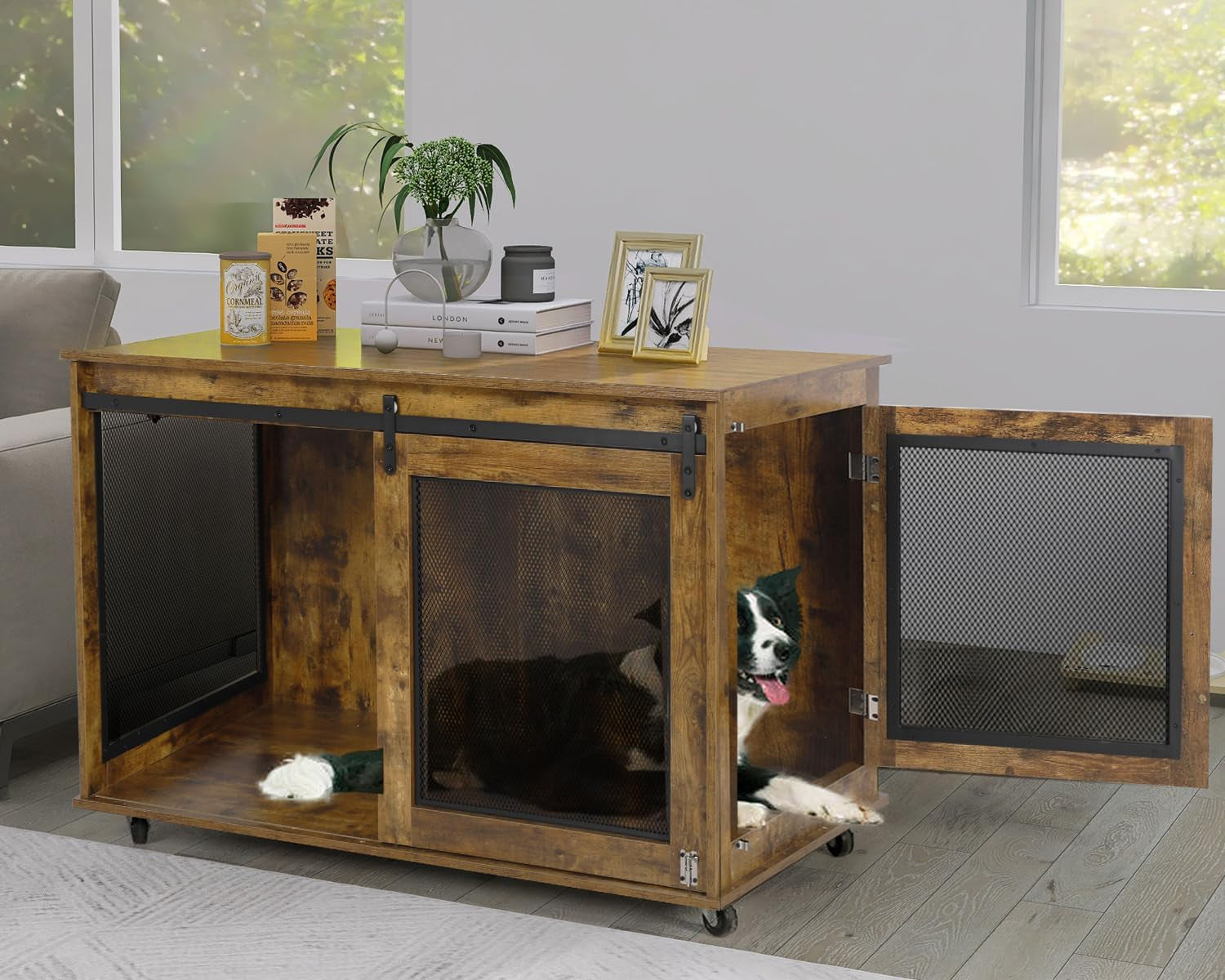 47 Inch Large Dog Crate Furniture, Wooden Heavy Duty XL Dog Kennel Indoor, Decorative Dog Cage Table for Large Dogs, with Sliding Doors, Wheels and Flip-Top Plate, Rustic Brown