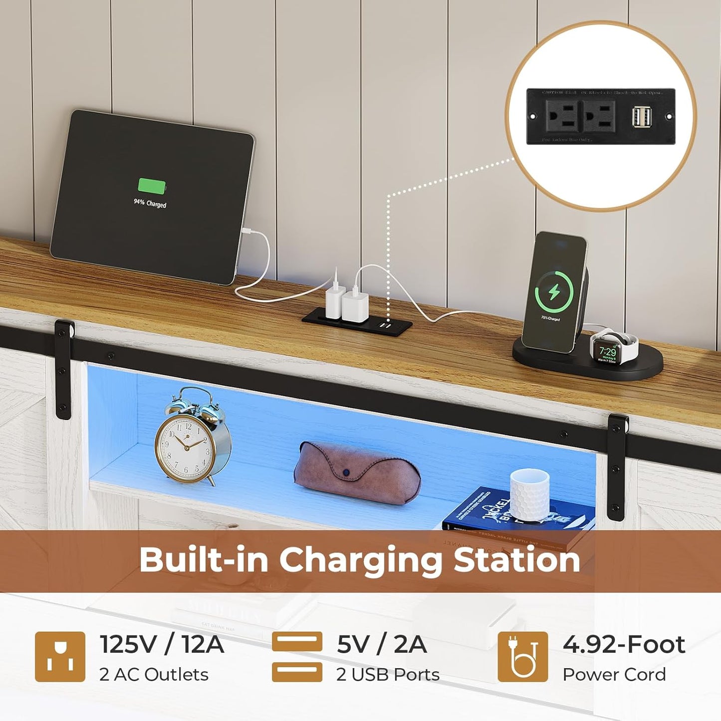 Farmhouse Bed Frame King Size with 4 Storage Drawers, Wooden Platform King Beds with Charging Station and LED Lights, Rustic Bed with Storage Headboard and Sliding Barn Door