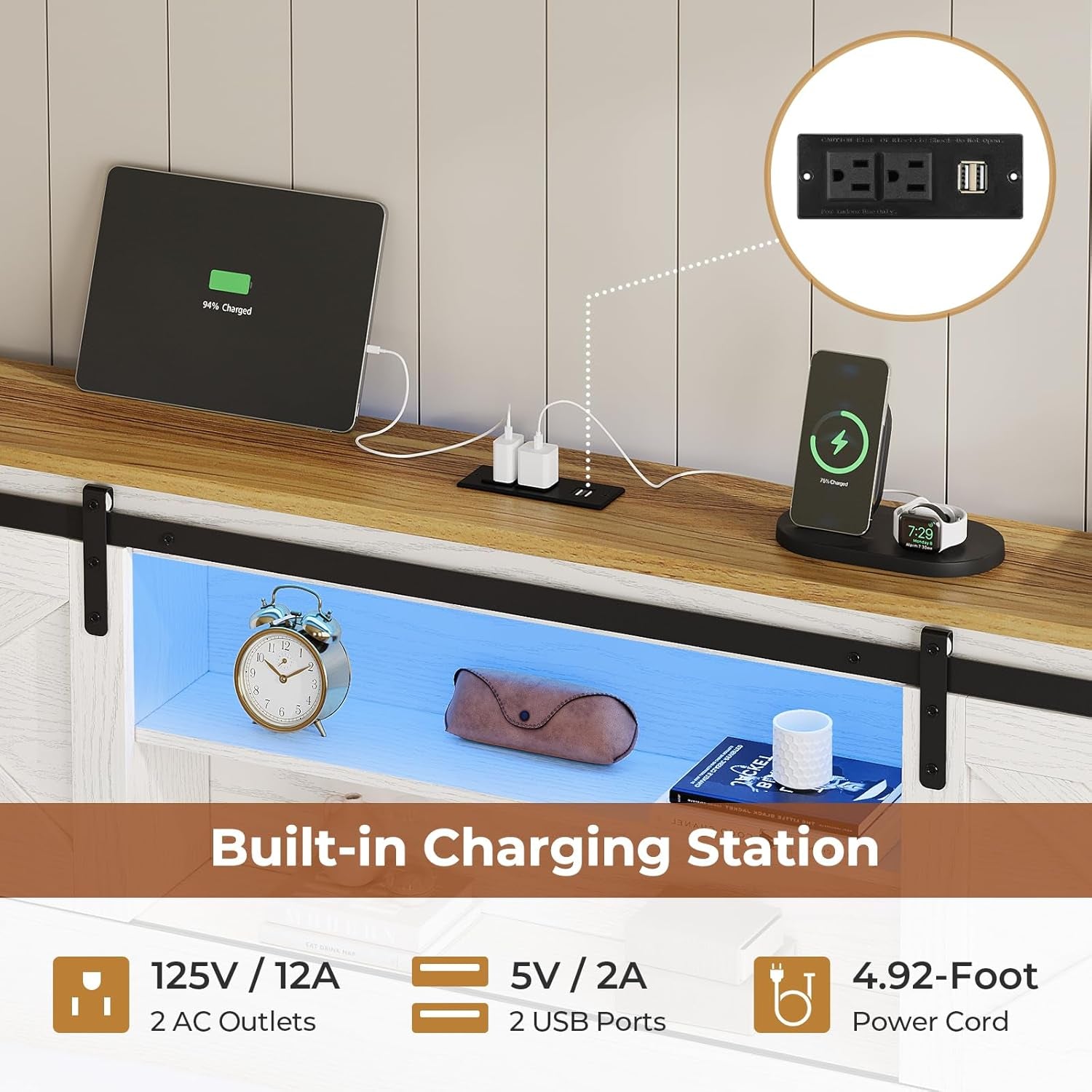 Farmhouse Bed Frame King Size with 4 Storage Drawers, Wooden Platform King Beds with Charging Station and LED Lights, Rustic Bed with Storage Headboard and Sliding Barn Door