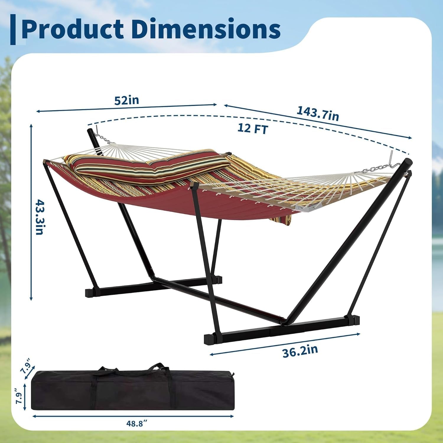 2-Person Hammock with Stand, 450Lbs Weight Capacity, Padded Polyester Fabric & Heavy-Duty Steel Frame, Portable with Carry Bag for Patio Backyard Poolside Garden Camping