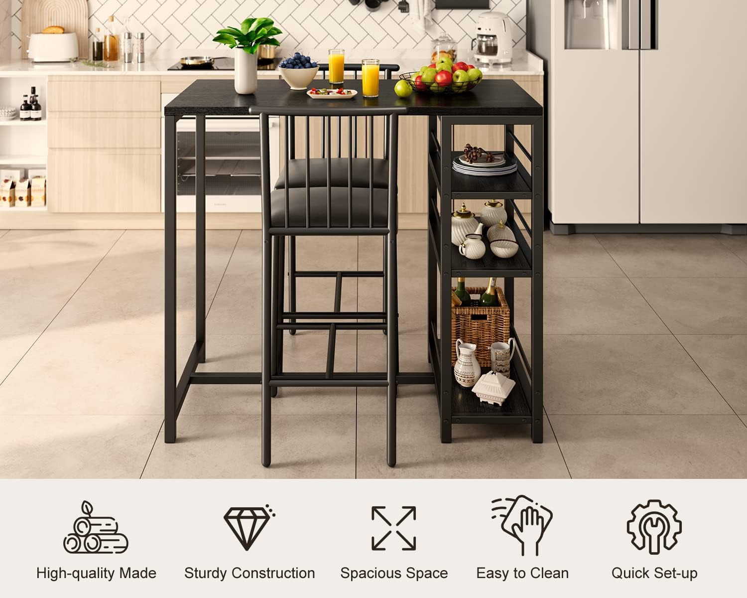 Dining Table Set for 2 with 3 Storage Shelves, Kitchen Table and Chairs for 2 with Pu Cushion Chairs & Thick Wood Top, 3 Piece Dining Table Set for Small Space, Apartment - Black