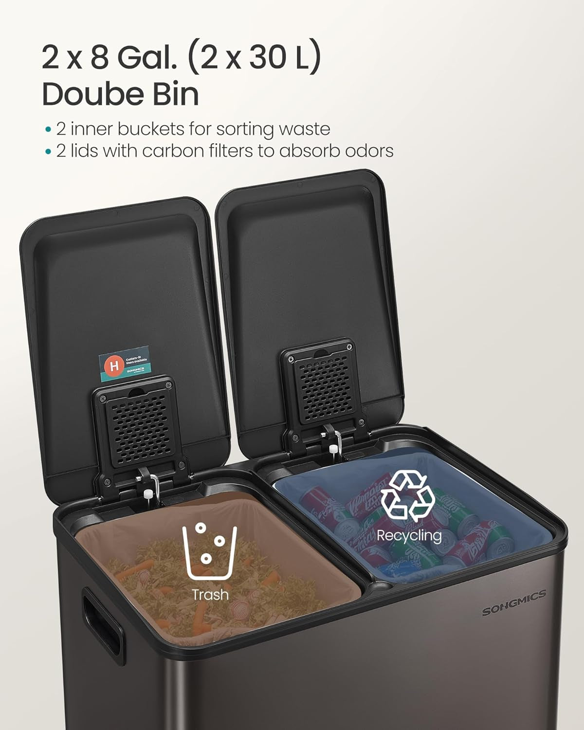 Trash Can, 2 X 8 Gallon (2 X 30 L) Dual-Compartment Garbage Can with Soft-Close Lid, Pedal and Inner Buckets, Stainless Steel, Includes 15 Liner Bags, Slate Gray ULTB741G01