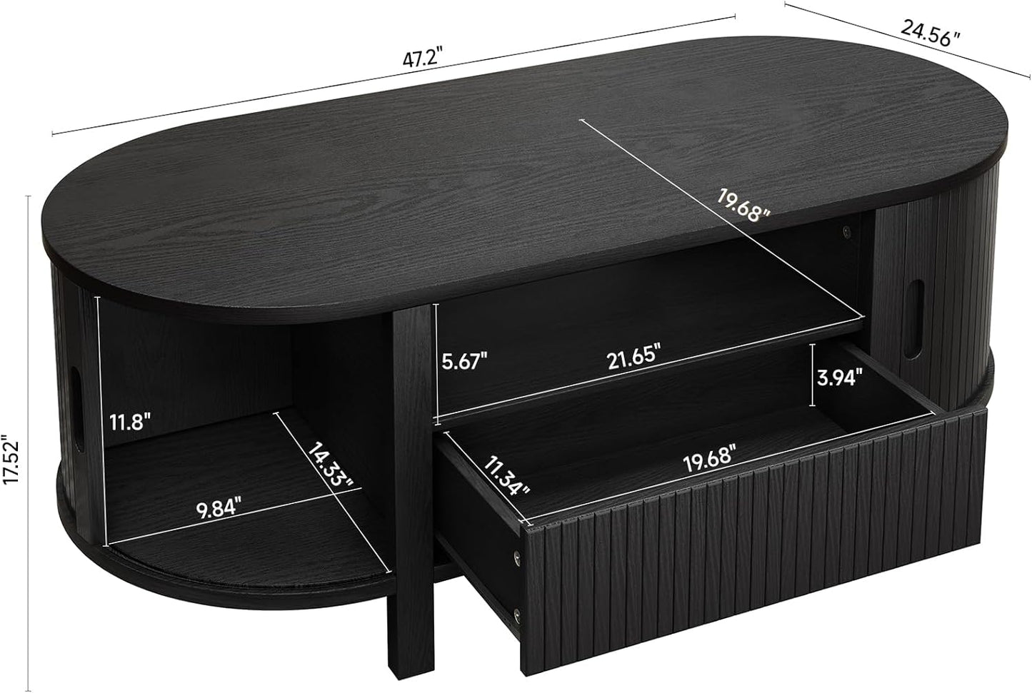47.2 Inch Oval Coffee Table with Storage, Mid Century Modern Coffee Table with Drawer, Center Table with Sliding Door and Wood Fluted Handle for Living Room, Black