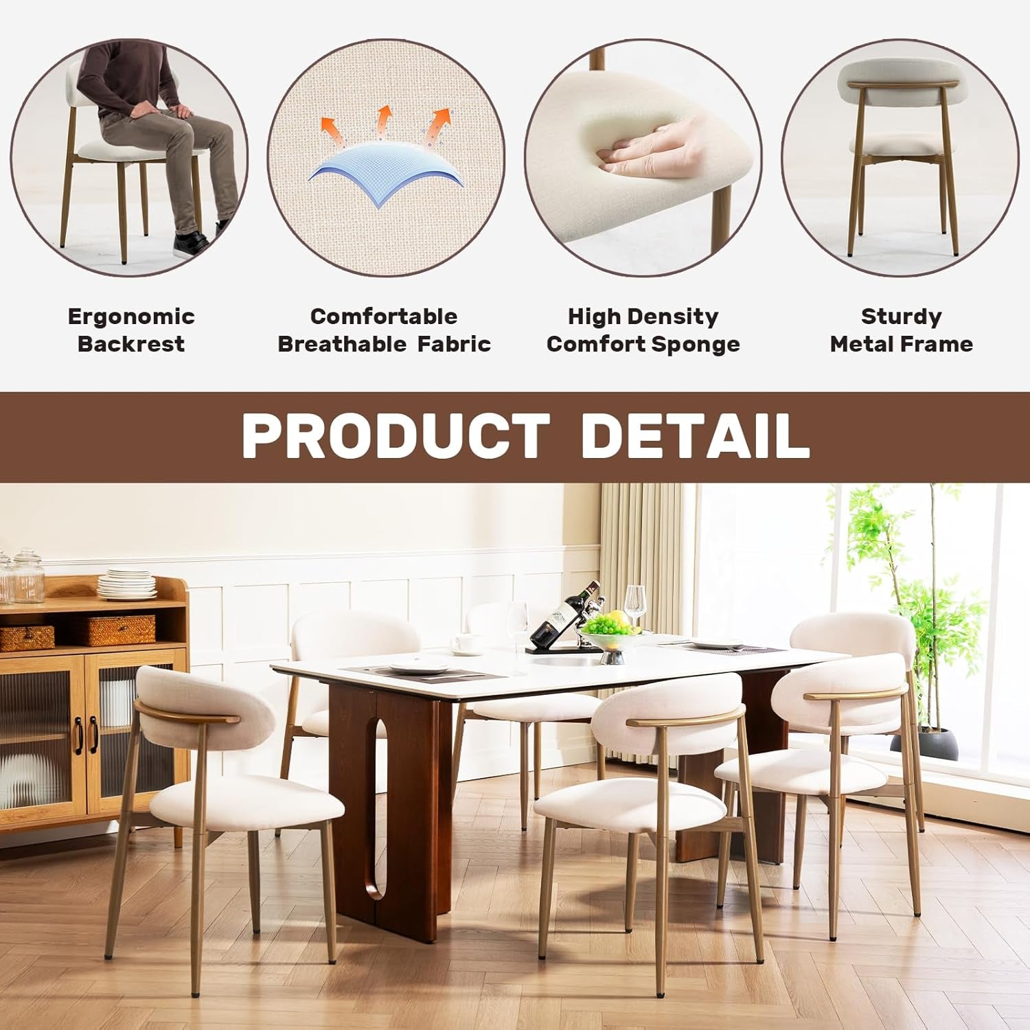 Dining Chairs Set of 4, Metal Kitchen Chairs with Modern Fabric Upholstered for Dining Room, Beige