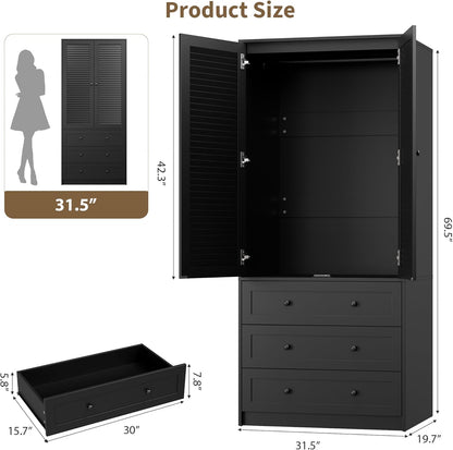 Armoire Wardrobe Closet with Drawers, 69.5 in Wooden Wardrobe Cabinet with Hanging Rod, 2 Doors Clothing Storage Cabinet for Bedroom, Large Capacity Storage, Louvered Door, Black