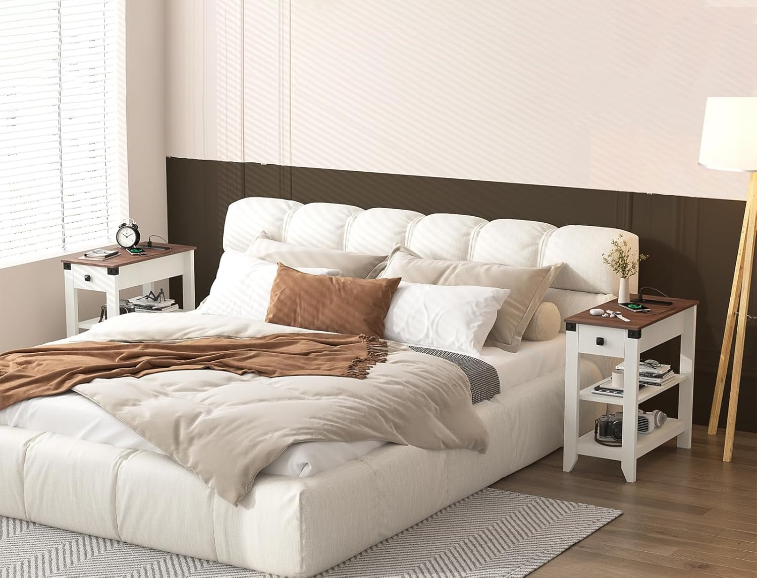 End Tables Living Room Set of 2, Narrow Side Table with Charging Station, Small Bedside Table for Small Space, Skinny Nightstand with Storage Drawer, White