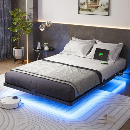 Full Size Modern Floating Bed Frame with Smart LED Lights, USB Charging Station, Sturdy Metal Platform, No Box Spring Needed, and Easy Assembly