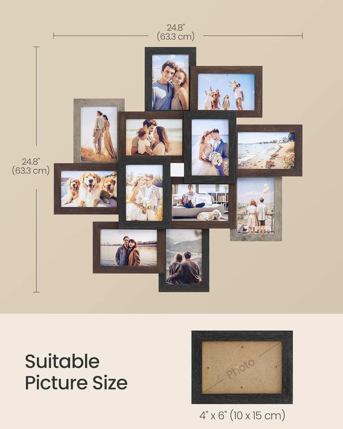 4X6 Collage Picture Frames, 12-Pack Photo Collage Frame for Wall Decor, Glass Front, Assembly Required, Maroon Brown, Heather Greige, Ash Black URPF022M01