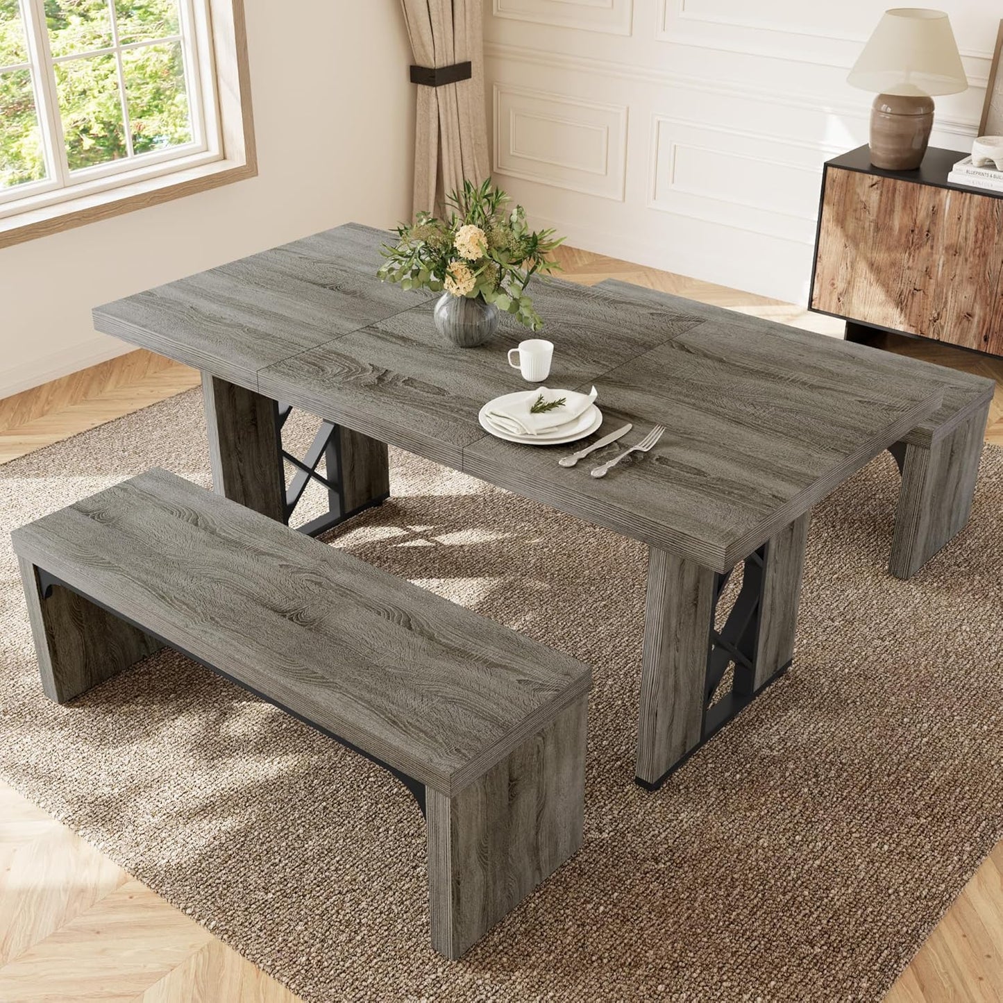 3-Piece Dining Table Set for 6 People, 70.8'' Rectangle Kitchen Table with 2 Benches for Breakfast Nook, Dining Room Furniture(Grey Table+2 Benches)