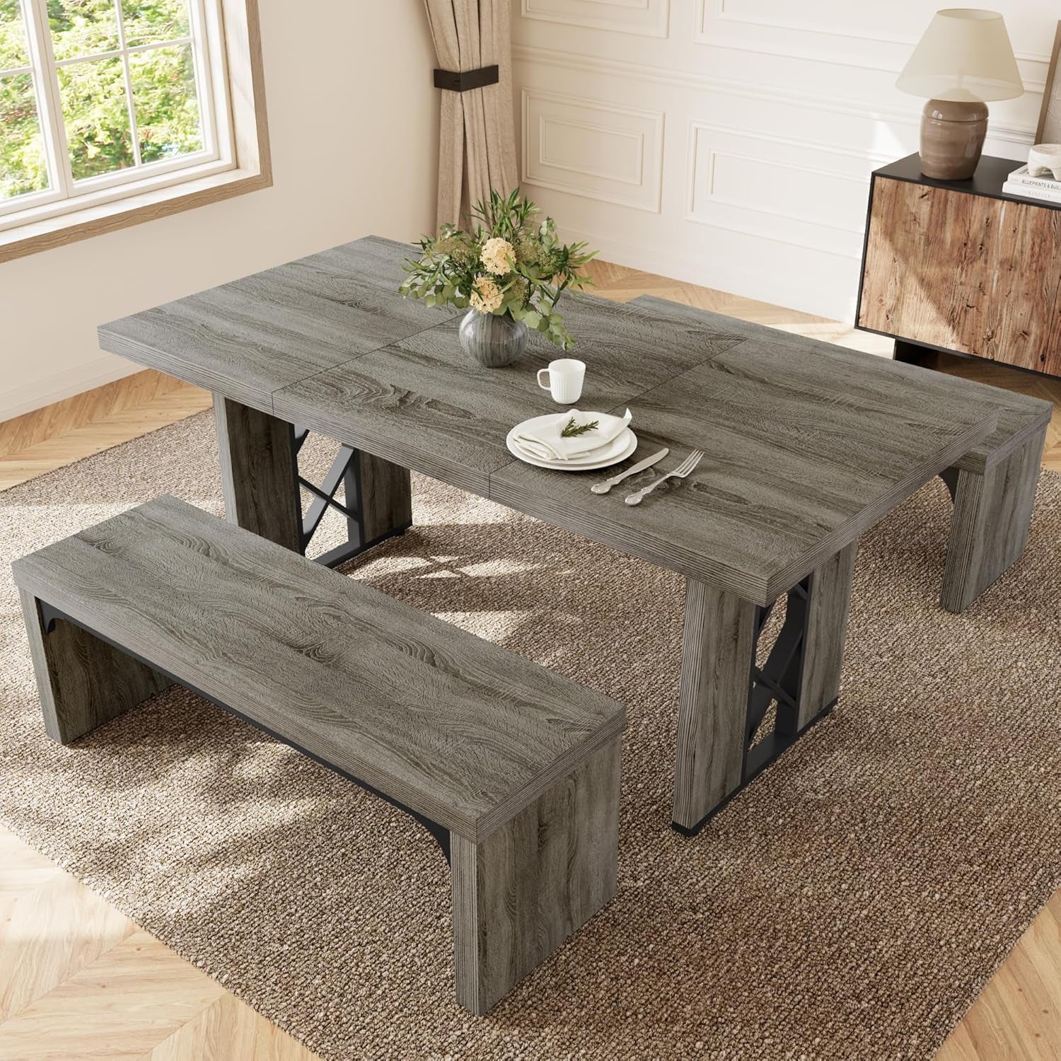 3-Piece Dining Table Set for 6 People, 70.8'' Rectangle Kitchen Table with 2 Benches for Breakfast Nook, Dining Room Furniture(Grey Table+2 Benches)