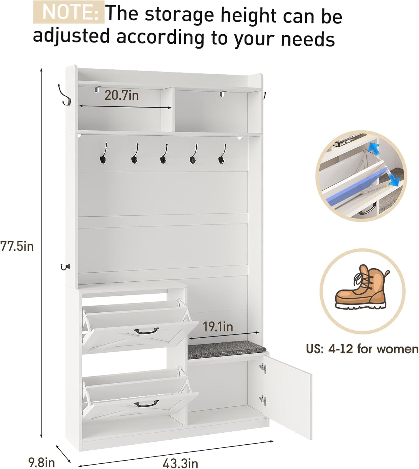 Entryway Hall Tree with Bench and Shoe Storage, 5-In-1 Narrow Hall Tree with LED Light, Cushioned Stool & 9 Hooks, 2 Flip Drawers, 78" Coat Shoe Rack for Mudroom, Hallway, Living Room, White