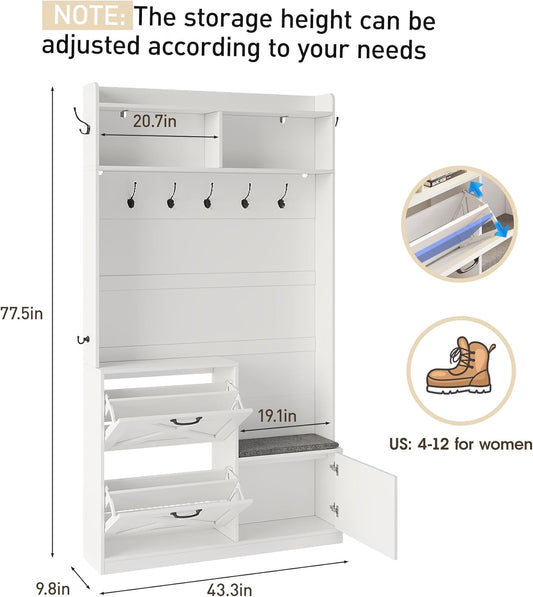 Entryway Hall Tree with Bench and Shoe Storage, 5-In-1 Narrow Hall Tree with LED Light, Cushioned Stool & 9 Hooks, 2 Flip Drawers, 78" Coat Shoe Rack for Mudroom, Hallway, Living Room, White