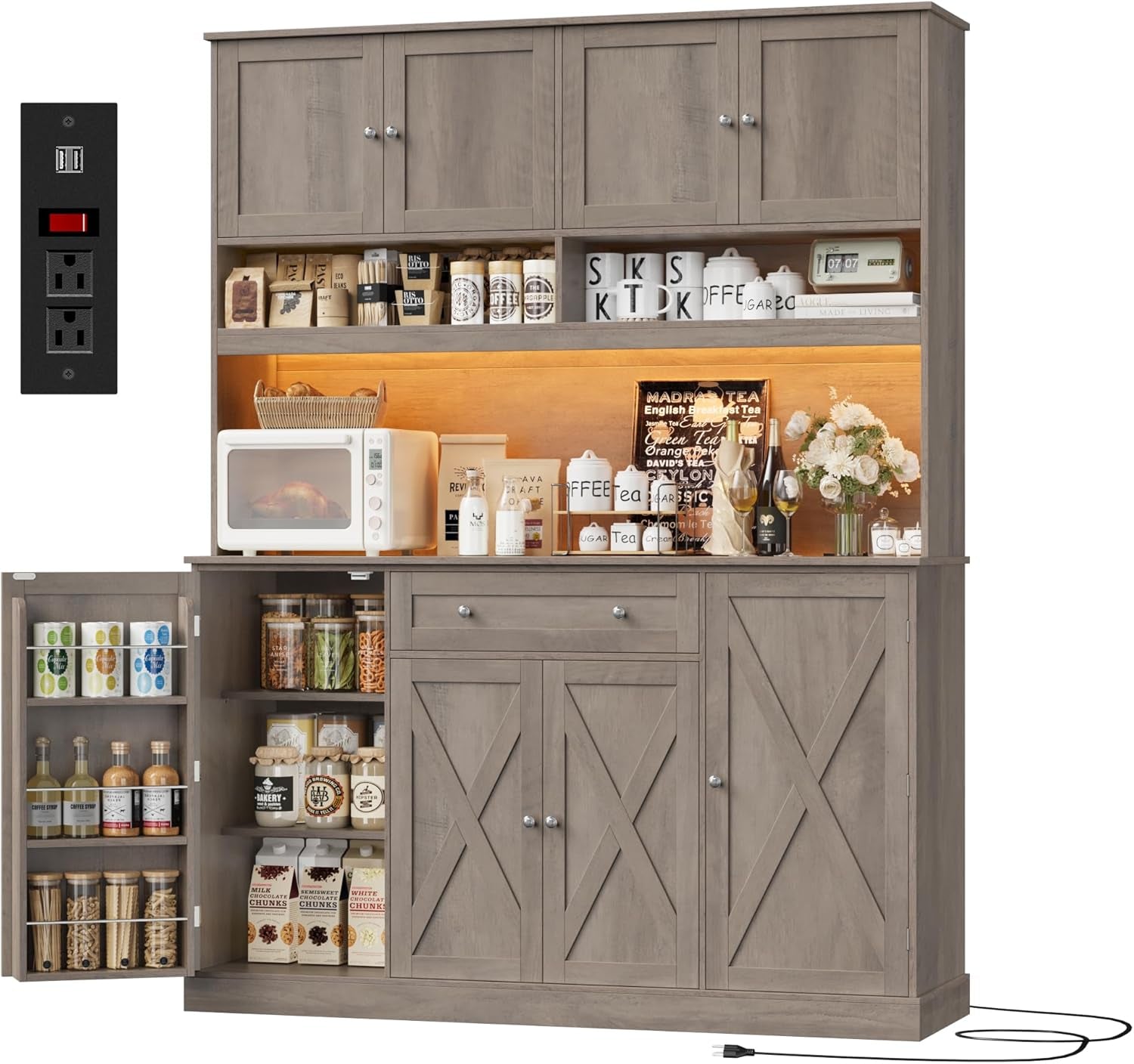 72.8” Tall Kitchen Pantry Cabinet with LED & Charging Station, 55” Wide Farmhouse Pantry Storage Cabinet with Microwave Stand&Shelves&Barn Doors, Kitchen Hutch Coffee Bar for Living Room, Grey