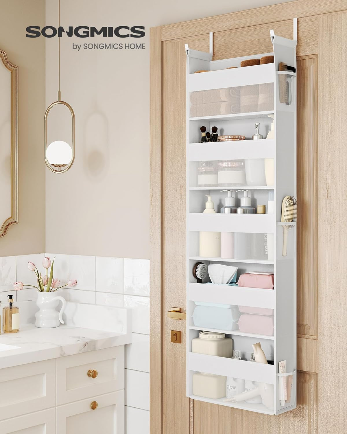 over the Door Organizer, Hanging Door Organizer with 5 Large Pockets, 5-Tier Fabric Storage, Transparent Nylon Mesh, Foldable, Metal Hooks, with Side Pouches, Cloud White URDH007W01