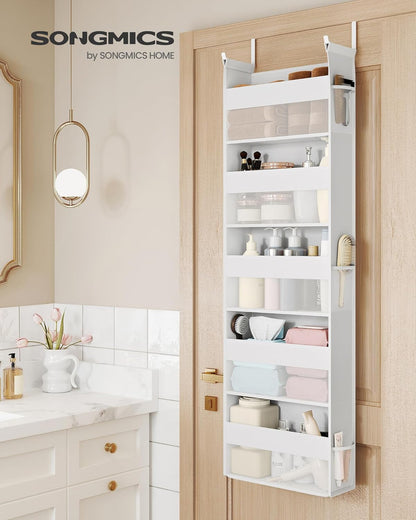 over the Door Organizer, Hanging Door Organizer with 5 Large Pockets, 5-Tier Fabric Storage, Transparent Nylon Mesh, Foldable, Metal Hooks, with Side Pouches, Cloud White URDH007W01