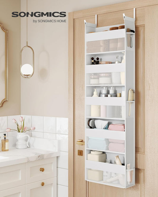 over the Door Organizer, Hanging Door Organizer with 5 Large Pockets, 5-Tier Fabric Storage, Transparent Nylon Mesh, Foldable, Metal Hooks, with Side Pouches, Cloud White URDH007W01