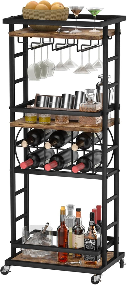 4 Tier Bar Cart for Home with Wheels,Home Bar Serving Cart, Rolling Mini Wine Cart with Wine Rack and Glass Holder, Drink Cart for Dining Room, Living Room, Kitchen, Bar and Outdoor, Rustic Brown