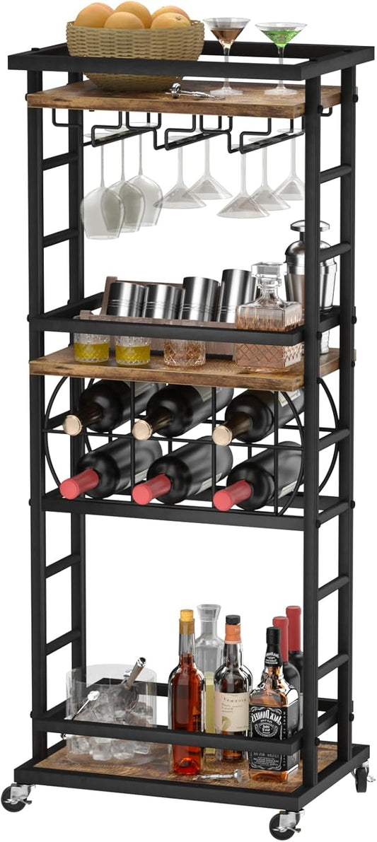4 Tier Bar Cart for Home with Wheels,Home Bar Serving Cart, Rolling Mini Wine Cart with Wine Rack and Glass Holder, Drink Cart for Dining Room, Living Room, Kitchen, Bar and Outdoor, Rustic Brown