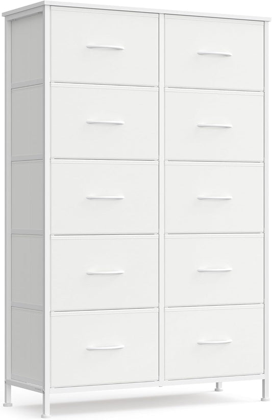Dresser for Bedroom, Chest of Drawers, Steel, MDF, 10 Non-Woven Fabric Drawers, Storage Organizer Unit, Closet, Entryway, Cloud White and Snow White ULGS125W01S