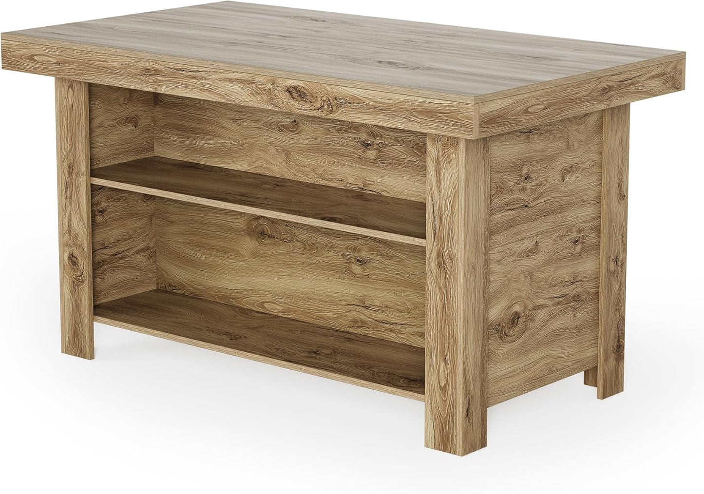 55 Inches Kitchen Island with Storage, 3-Tier Farmhouse Wooden Stationary Island Table with Large Worktop & Leg Room, Modern Coffee Bar Table with Storage Shelf for Kitchen, Oak