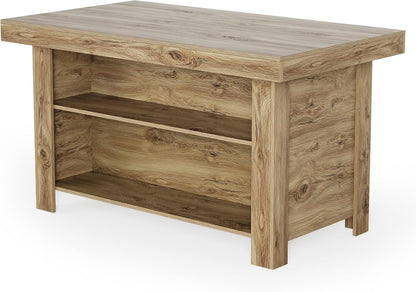 55 Inches Kitchen Island with Storage, 3-Tier Farmhouse Wooden Stationary Island Table with Large Worktop & Leg Room, Modern Coffee Bar Table with Storage Shelf for Kitchen, Oak